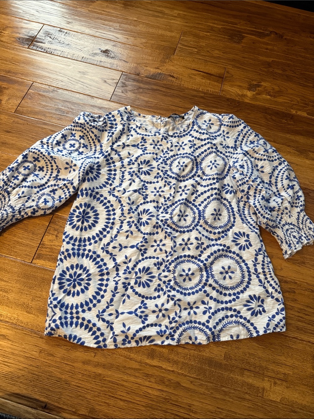SHEIN White Blouse with Blue Floral Embroidery